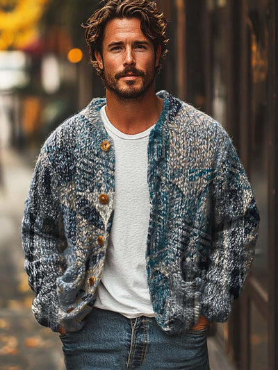 Men's fashion trend textured art printed sweater cardigan