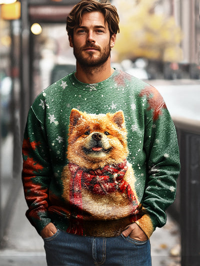 Christmas Dog Christmas Scarf Vintage Print Cotton Crew Neck Sweatshirt