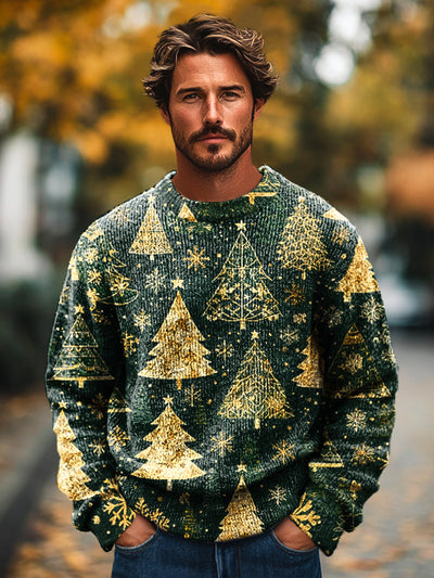 Christmas Gold Christmas Tree Vintage Print Knit Crew Neck Pullover Shirt