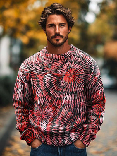 Men's fashion abstract stripe round art print crew neck sweater