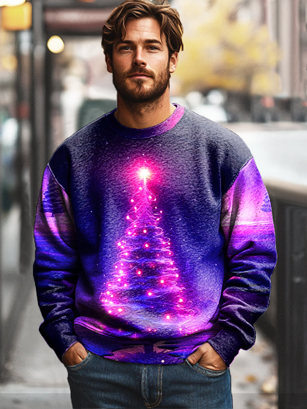 Christmas Fluorescent Christmas Tree Vintage Print Cotton Crew Neck Sweatshirt