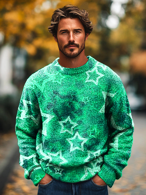 Gentleman Vintage Abstract Green Star Art Print Knit Crew Neck Pullover Shirt