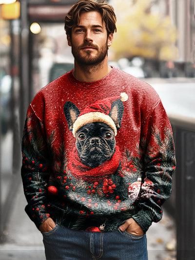 Dog in a Hat for Christmas Vintage Print Cotton Crew Neck Sweatshirt