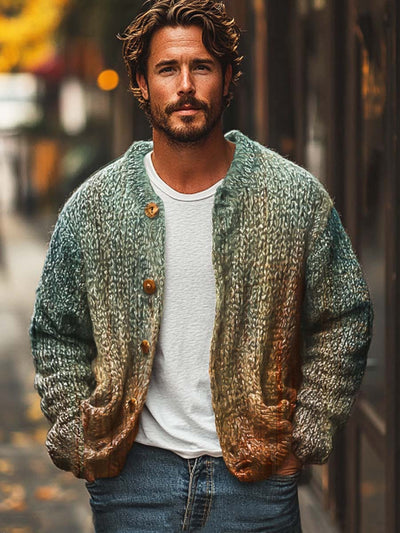 Men's fashion color gradient smudge print sweater cardigan