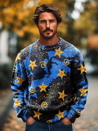 Gentleman Vintage Abstract Star Art Print Knit Crew Neck Pullover Shirt