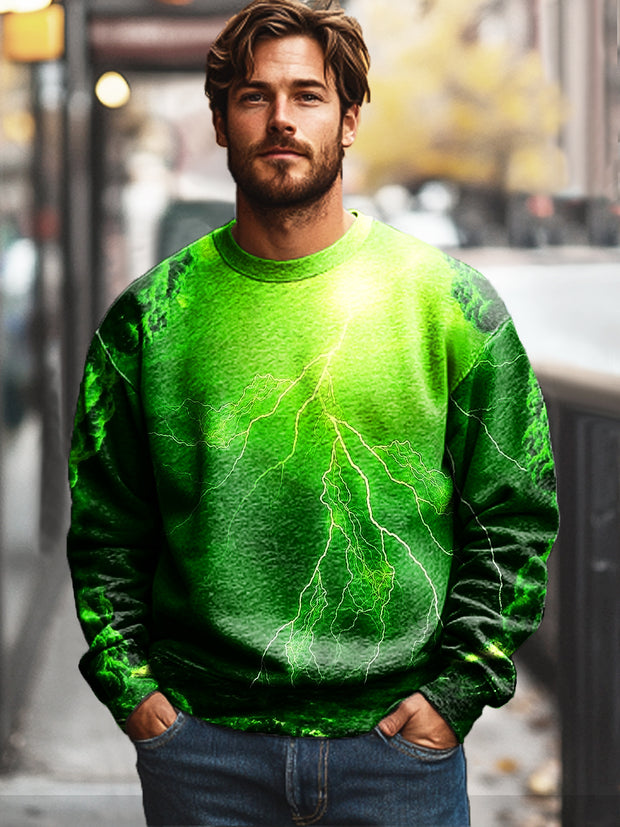 Gentleman's Casual Fluorescent Green Lightning Retro Print Cotton Crew Neck Sweatshirt