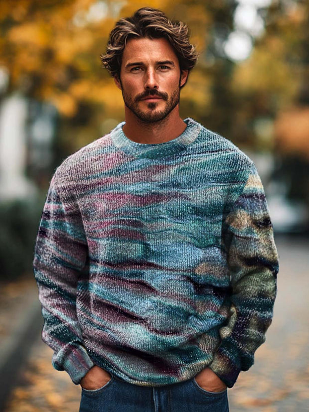 Men's fashion versatile colorful textured art print crewneck sweater