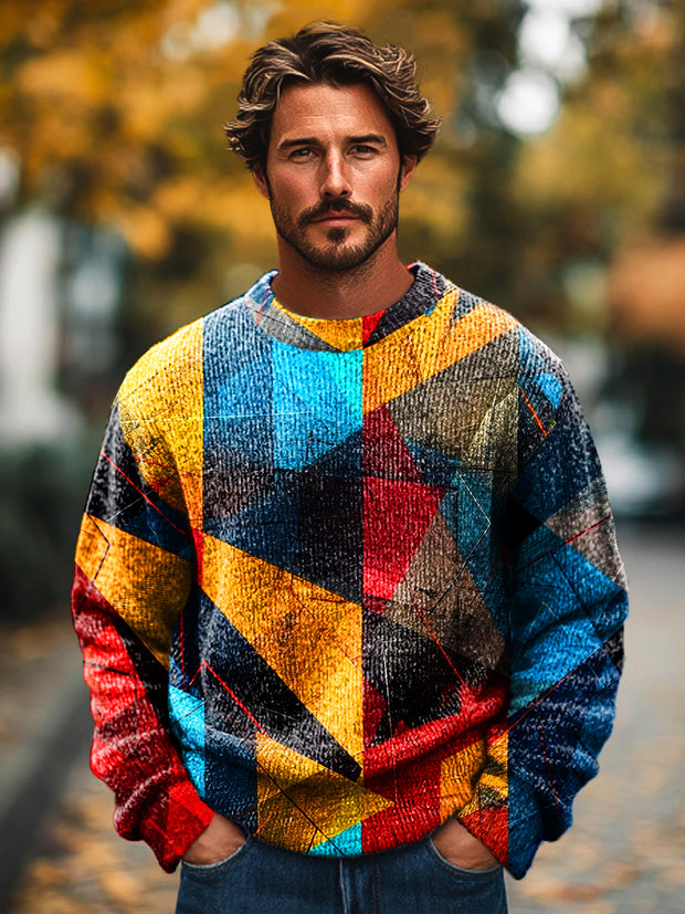 Gentleman's Vintage Colorblock Patchwork Art Print Knit Crew Neck Pullover Sweatshirt