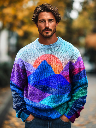 Gentleman Vintage Colorblock Hill Sunrise Art Print Knit Crew Neck Pullover Shirt