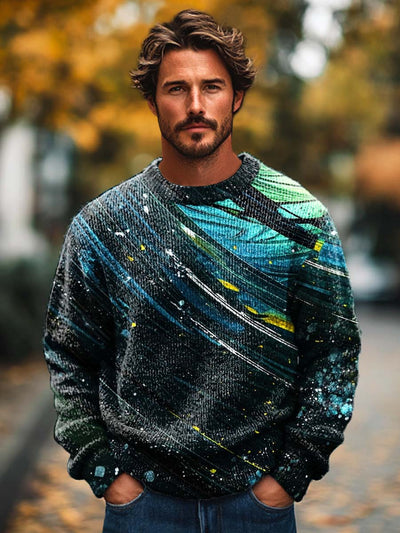 Men's trendy abstract texture art print crewneck sweater