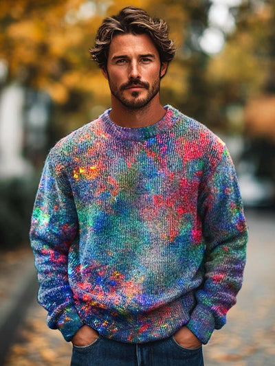 Men's fashion abstract color texture art print crew neck sweater