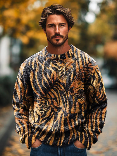 Gentleman's Vintage Tiger Pattern Art Print Knit Crew Neck Pullover