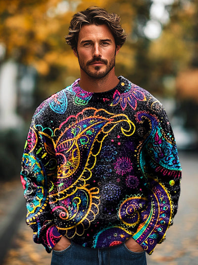 Gentleman Vintage Colorful Paisley Art Print Knit Crew Neck Pullover Shirt