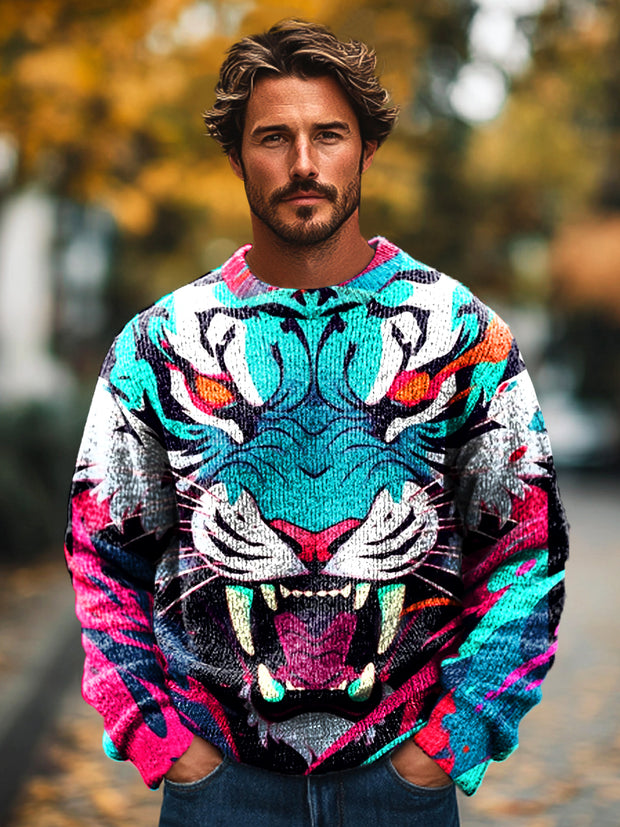 Gentleman Vintage Colorful Tiger Painted Art Printed Knit Crew Neck Pullover