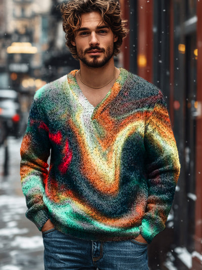 Gentleman Vintage Abstract Wave Casual Printed Knit V-Neck Pullover Sweater