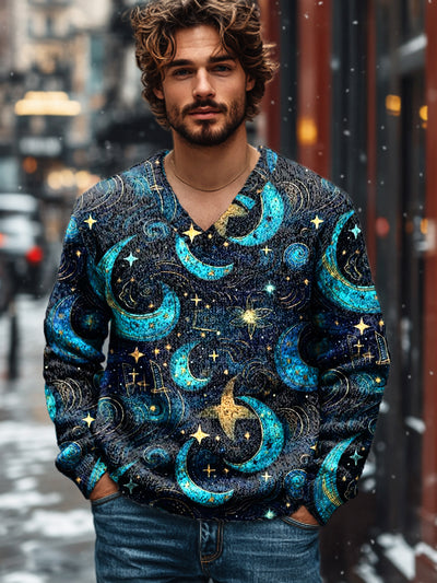 Gentleman Vintage Moon Painted Art Print Knit V-Neck Pullover Shirt