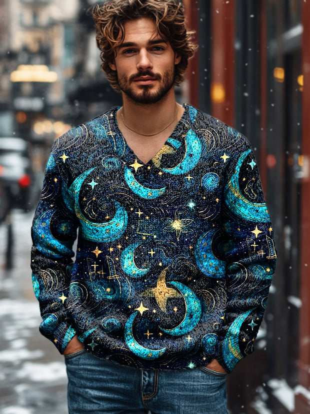 Gentleman Vintage Moon Painted Art Print Knit V-Neck Pullover Shirt