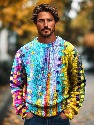 Gentleman Vintage Multicolor Abstract Geometric Art Print Knit Crew Neck Pullover Shirt