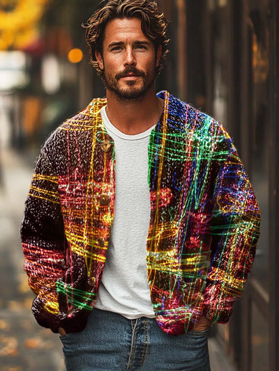 Men's fashion abstract colored lines entwined art print sweater cardigan