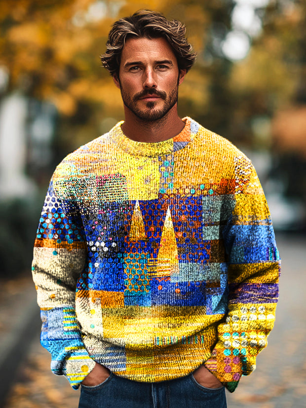 Gentleman Vintage Multicolor Geometric Art Print Knit Crew Neck Pullover Shirt