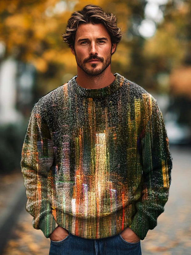 Men's trend abstract color texture art print crewneck sweater