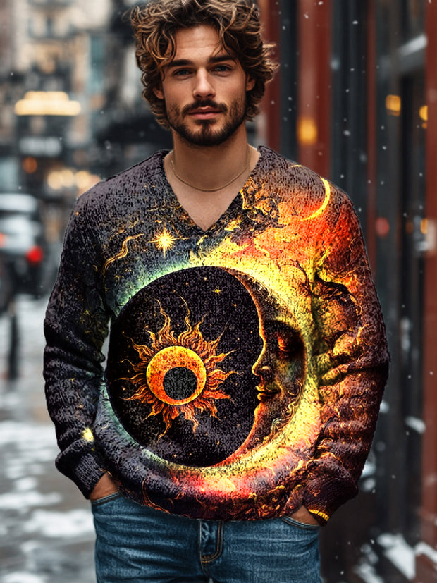 Gentleman Vintage Mystic Moon Art Print Knit V-Neck Pullover Shirt