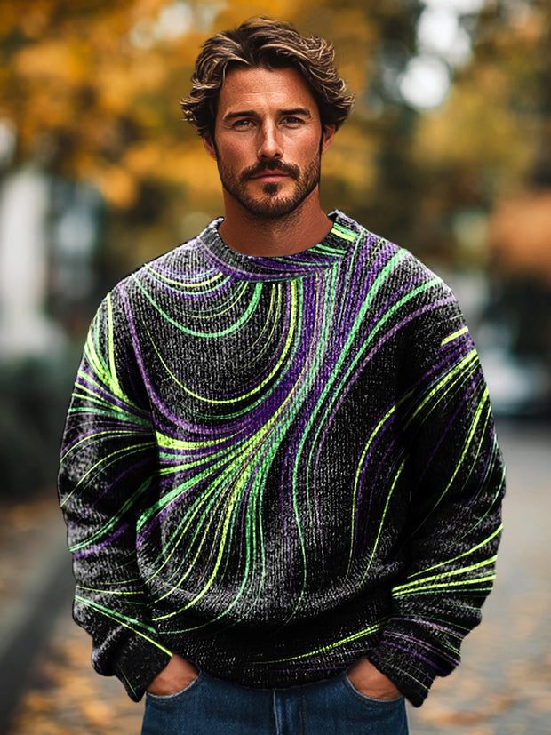 Gentleman Vintage Multicolor Line Art Print Knit Crew Neck Pullover Shirt