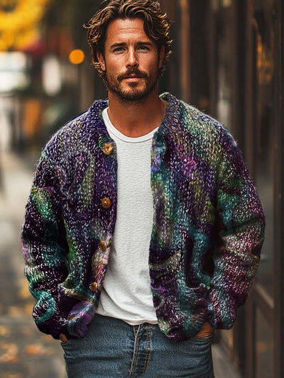 Men's vintage abstract texture art print sweater cardigan