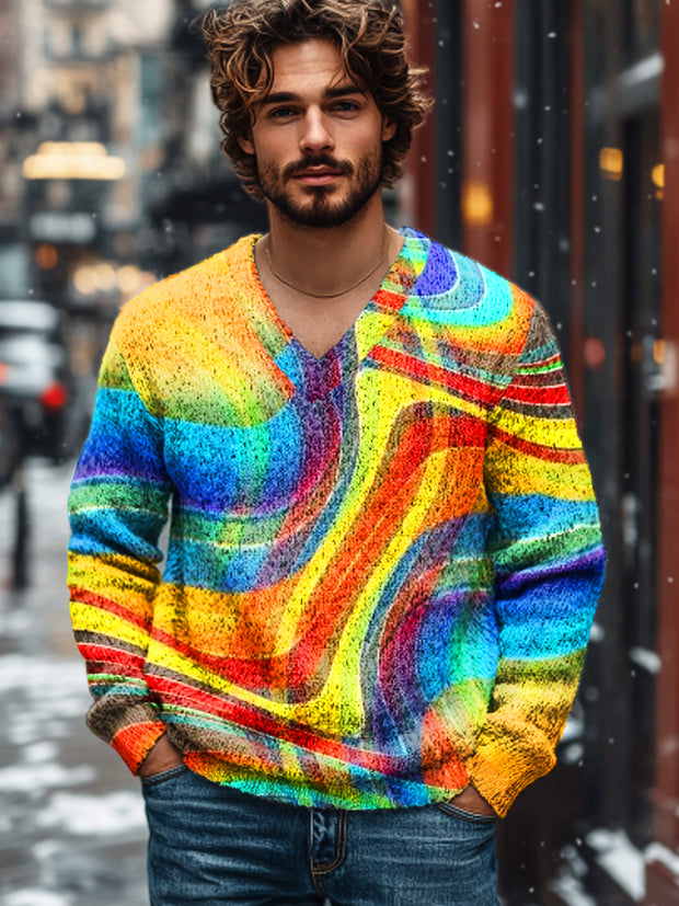 Gentleman Vintage Rainbow Color Lines Casual Printed Knit V-Neck Pullover Hoodie