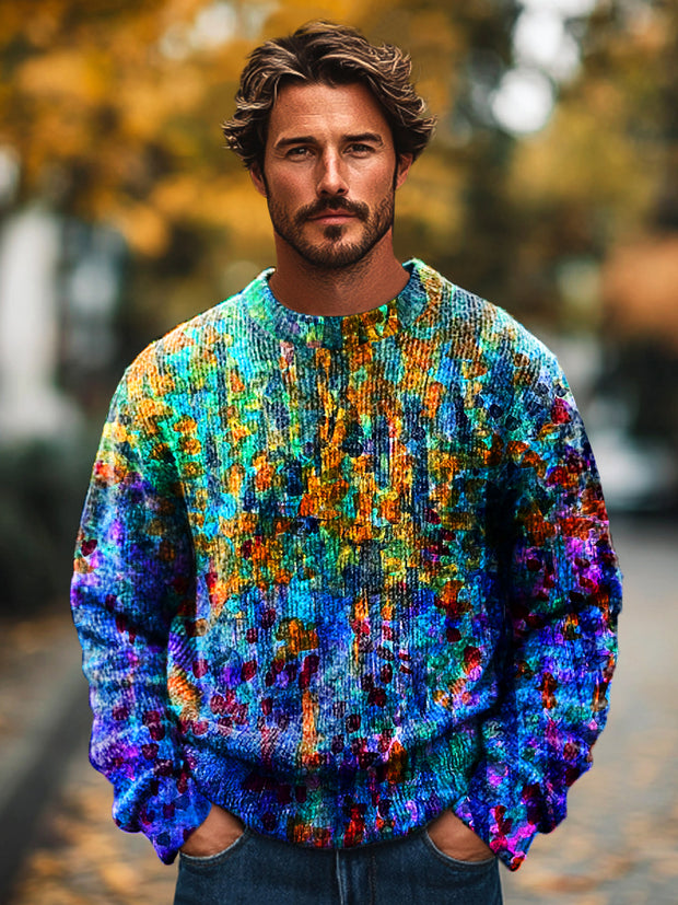 Gentleman's Vintage Abstract Multicolor Geometric Art Print Knit Crew Neck Pullover