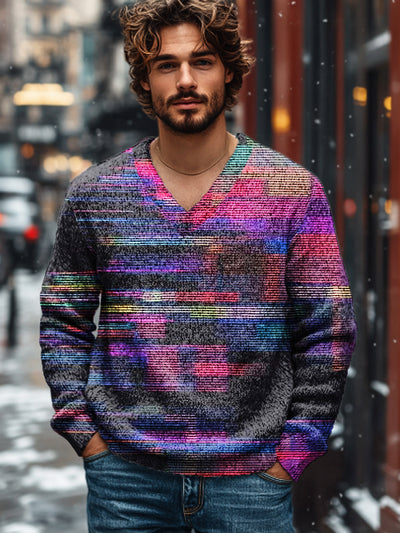 Gentleman's Vintage Multicolor Gradient Line Art Print Knit Crew Neck Pullover