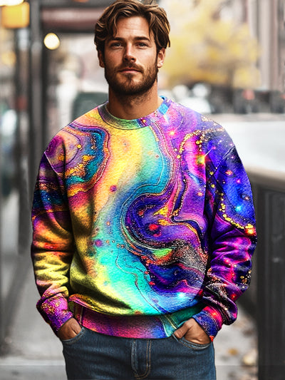 Gentleman's Vintage Colorful Gilt Textured Art Print Cotton Crew Neck Sweatshirt