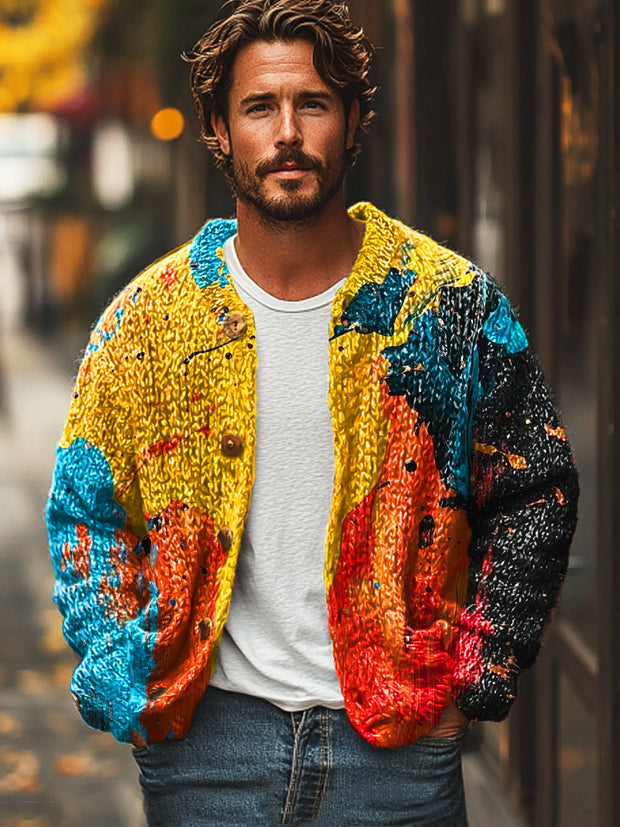 Gentleman Vintage Abstract Multicolor Ink Art Print Knit Cardigan