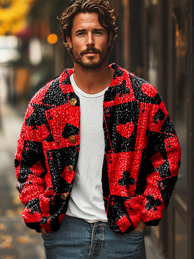 Gentleman Vintage Black and Red Poker Art Print Knit Cardigan