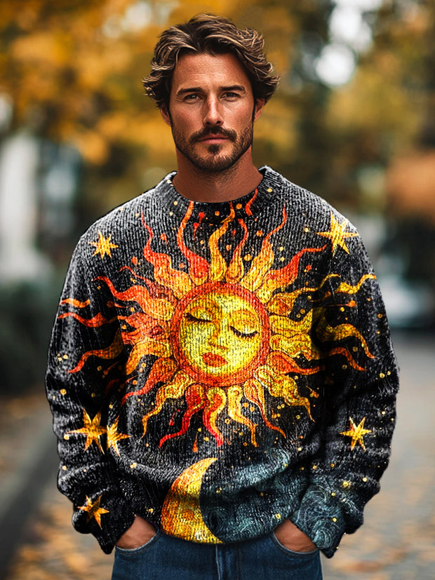 Gentleman Vintage Stars Moon Sun God Art Print Knit Crew Neck Pullover Sweater