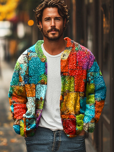 Gentleman Vintage Multicolor Geometric Patchwork Art Print Knit Cardigan