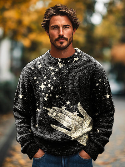 Gentleman's Vintage Handheld Star Art Print Knit Crew Neck Pullover Sweater