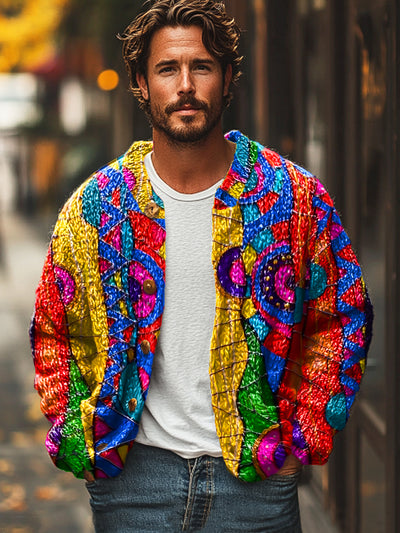 Gentleman Vintage Multicolor Irregular Patchwork Art Print Knit Cardigan