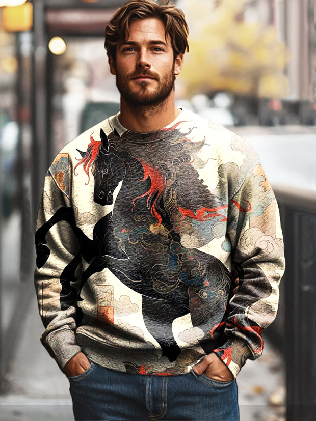 Gentleman Vintage Abstract Horse Painted Art Print Cotton Crew Neck Sweatshirt