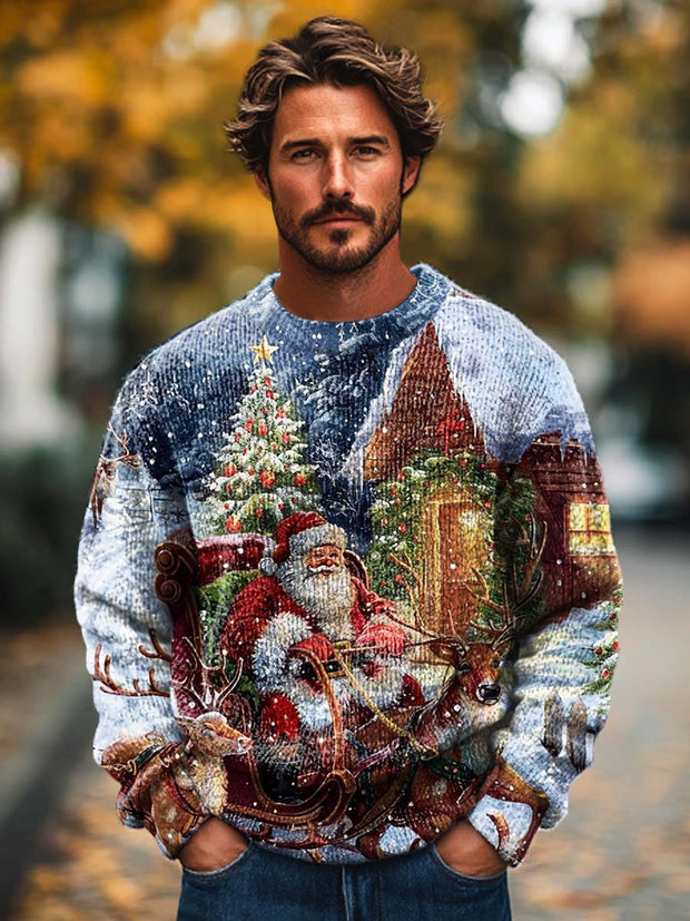 Men's fashion Christmas snow scene print crewneck sweater