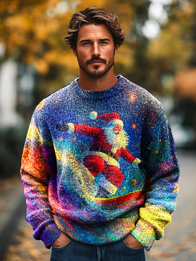 Christmas Galaxy Surf Santa Vintage Print Knit Crew Neck Pullover