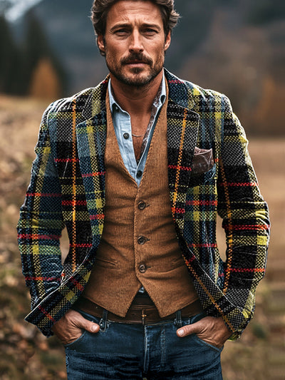 Gentleman Vintage Multicolor Plaid Art Print Corduroy Lapel Blazer