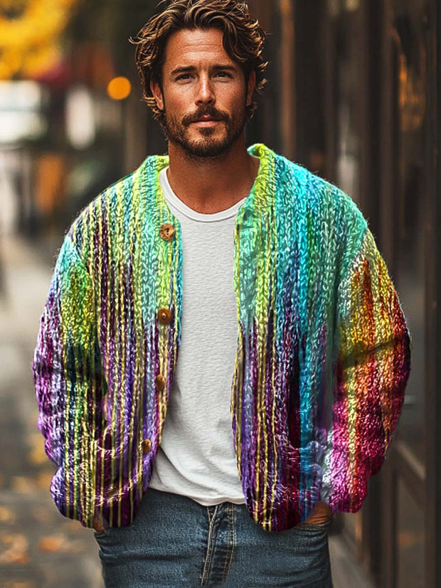 Men's Abstract Colorful Stripe Art Print Sweater Cardigan