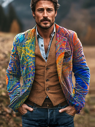 Gentleman Vintage Multicolor Textured Art Printed Corduroy Lapel Blazer