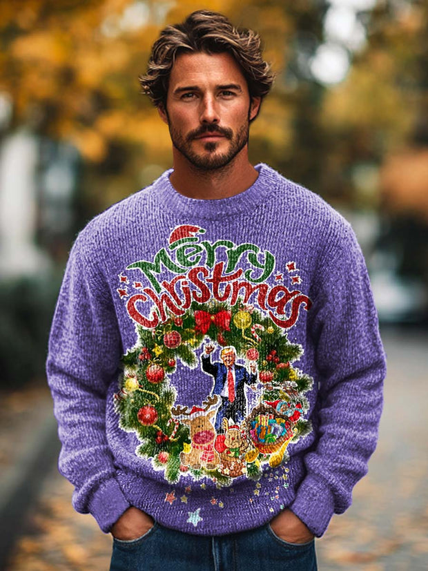 Men's fashion cute christmas trump print crew neck sweater