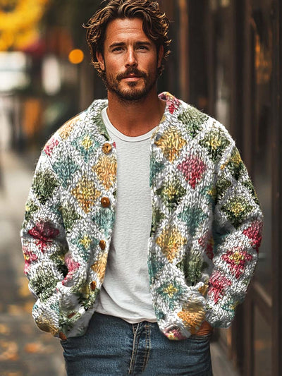 Men's ethnic geometric pattern printed sweater cardigan