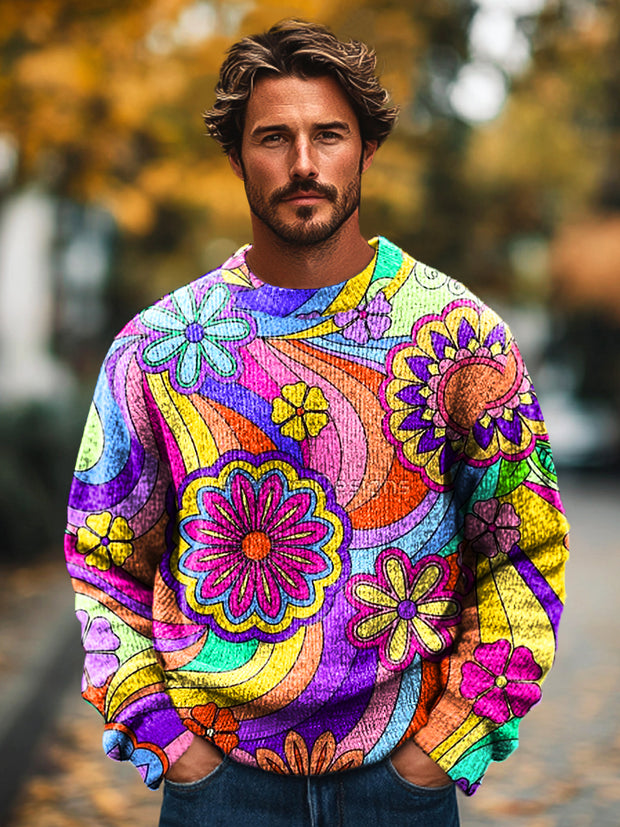 Gentleman Vintage Iridescent Floral Line Art Print Knit Crew Neck Pullover