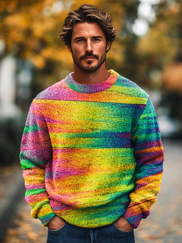 Men's fashion abstract color smudge art print crew neck sweater