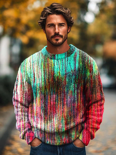 Men's fashion abstract color stripe art print crew neck sweater