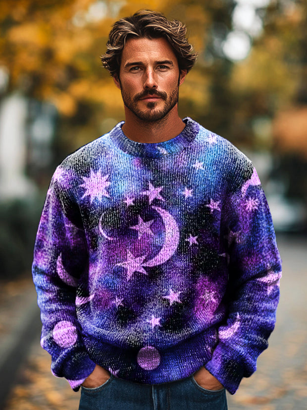 Gentleman Vintage Mystery Star Moon Art Print Knit Crew Neck Pullover Sweatshirt